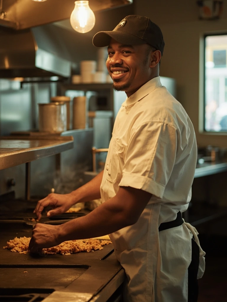 A longtime line cook working the morning griddle