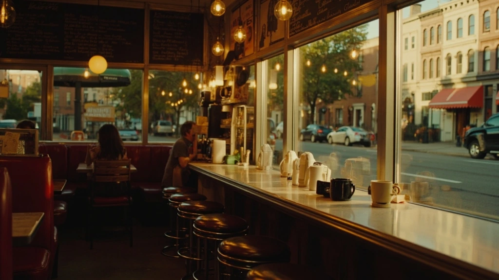 Interior of Carroll Gardens Classic Diner at morning light with chrome stools and vinyl booths