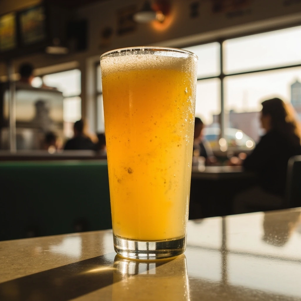 Tall glass of hand-squeezed orange juice at the counter