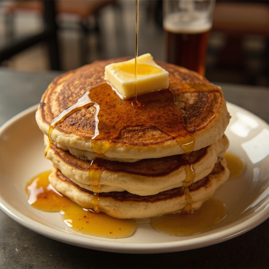 Stack of buttermilk pancakes with butter and maple syrup