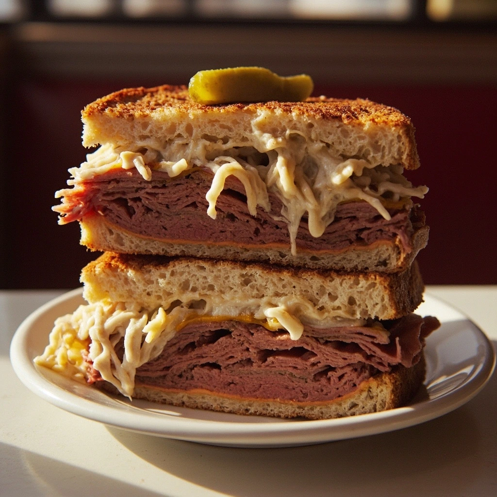 Classic Reuben sandwich with pastrami, Swiss, and sauerkraut